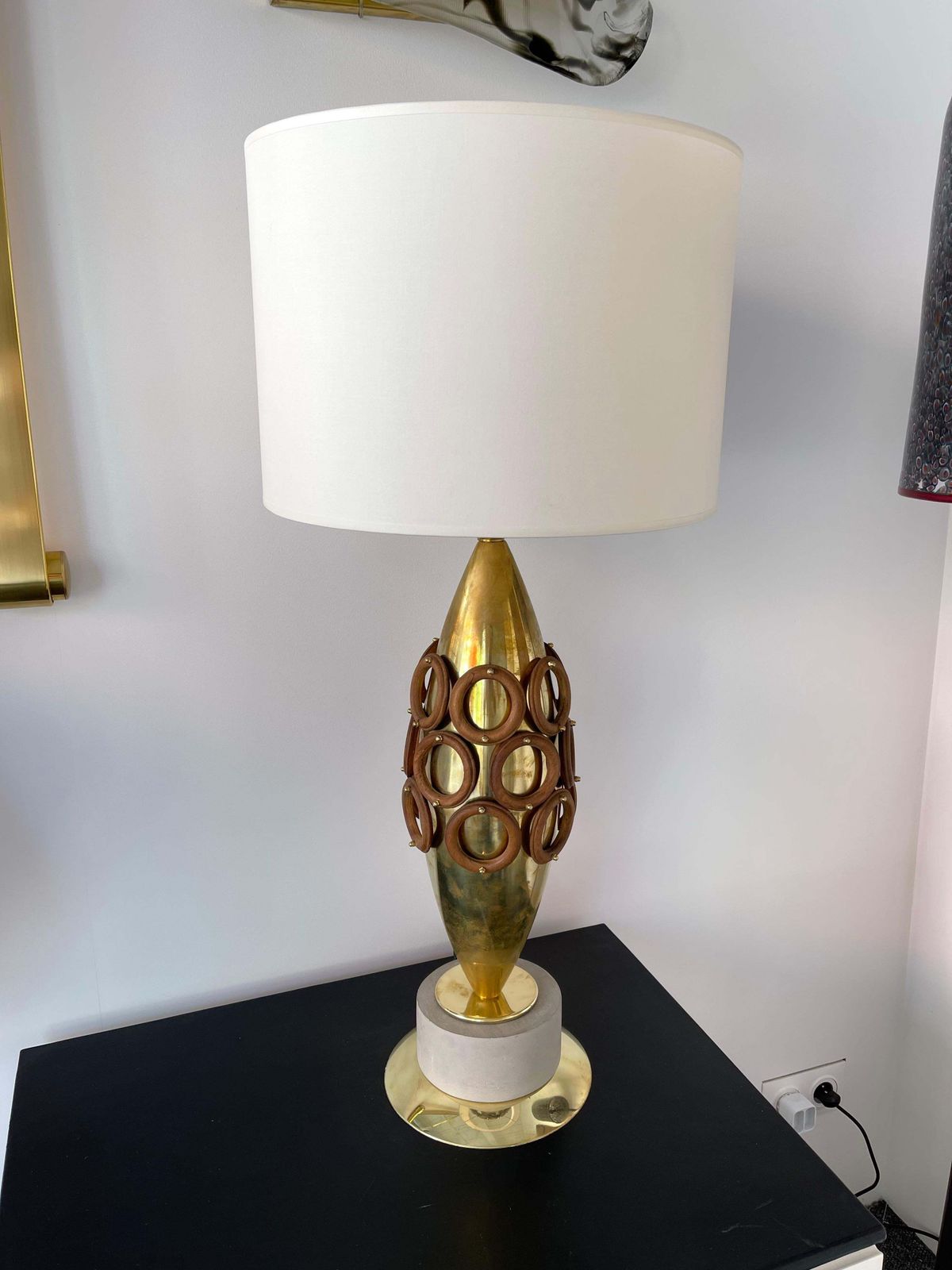 Contemporary Pair Of Brass And Wood Rings Lamps, Italy photo 3849.0