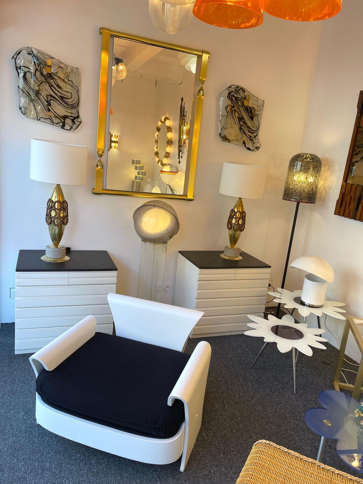 Contemporary Pair Of Brass And Wood Rings Lamps, Italy photo vinterior