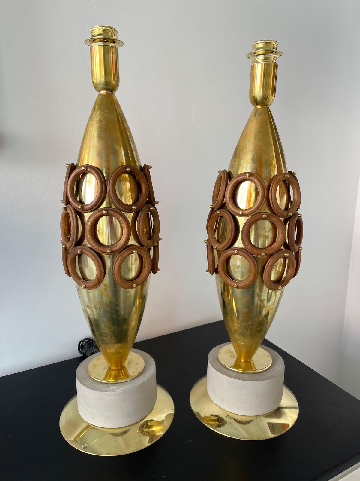 Lighting Contemporary Pair Of Brass And Wood Rings Lamps, Italy photo