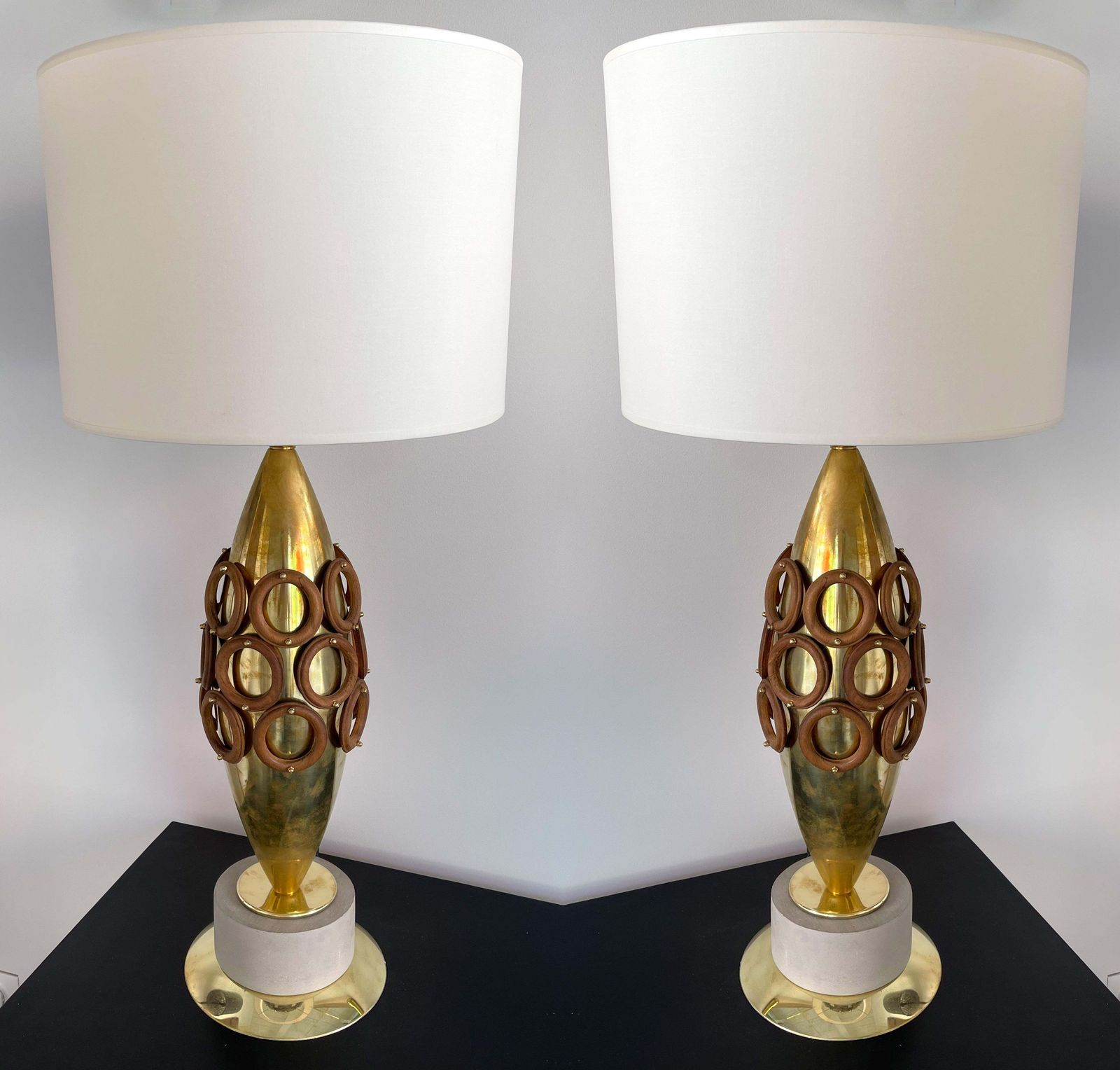 3849.0 Contemporary Pair Of Brass And Wood Rings Lamps, Italy photo