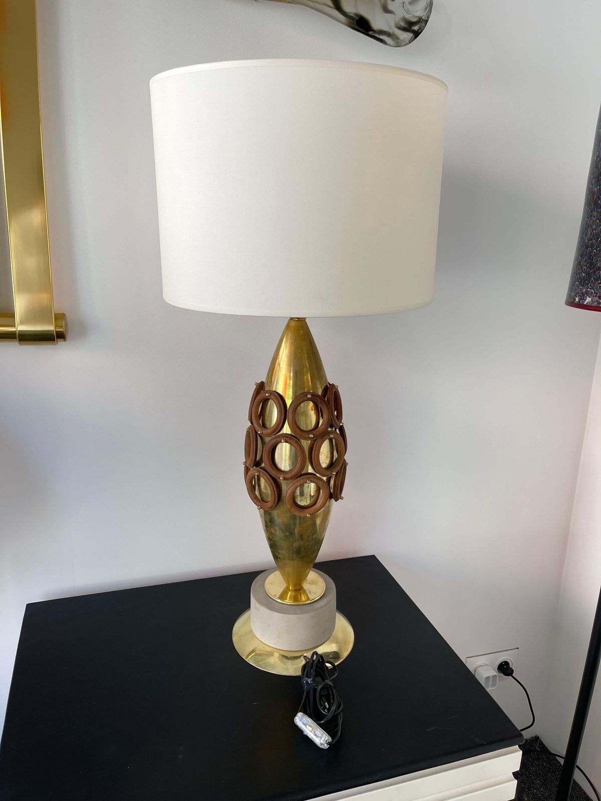 photo buy Contemporary Pair Of Brass And Wood Rings Lamps, Italy