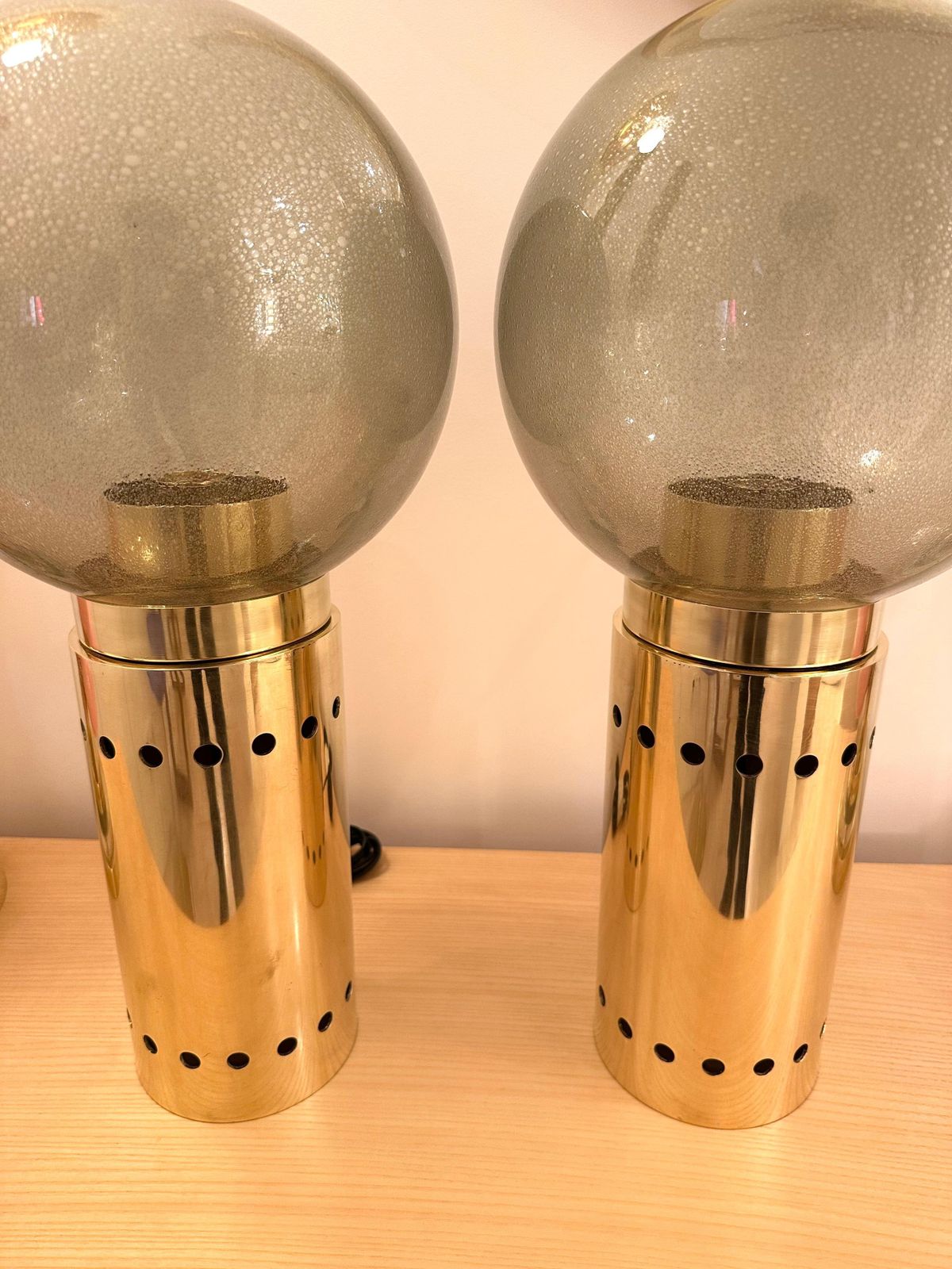 Contemporary Pair Of Brass And Gray Murano Glass Globe Lamps, Italy photo vinterior