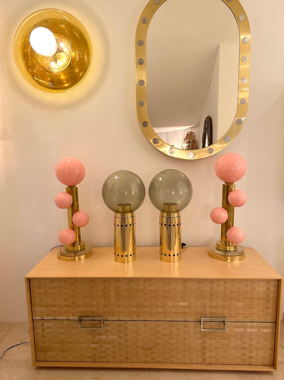 Contemporary Pair Of Brass And Gray Murano Glass Globe Lamps, Italy photo vintage