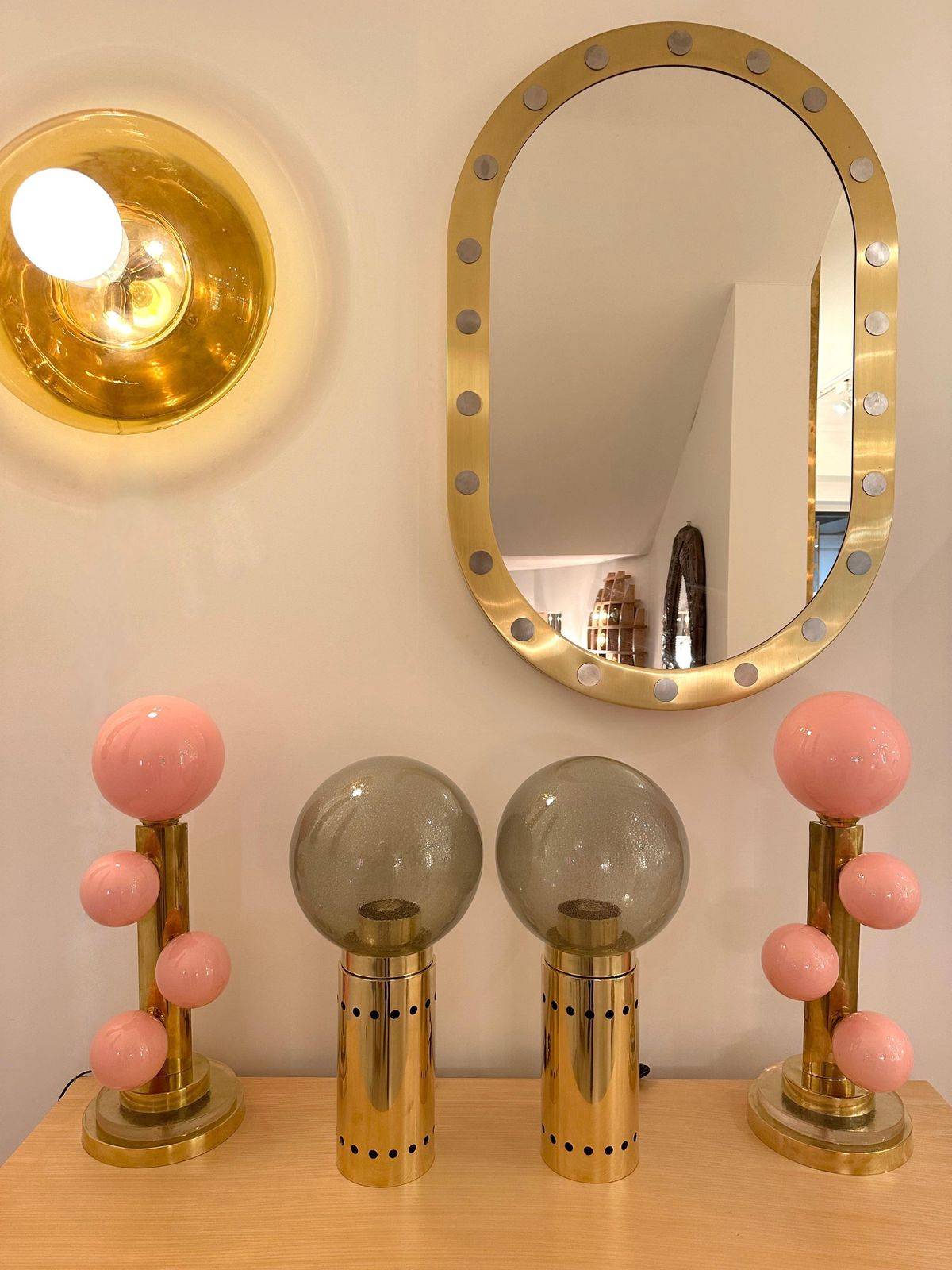 photo furniture Contemporary Pair Of Brass And Gray Murano Glass Globe Lamps, Italy