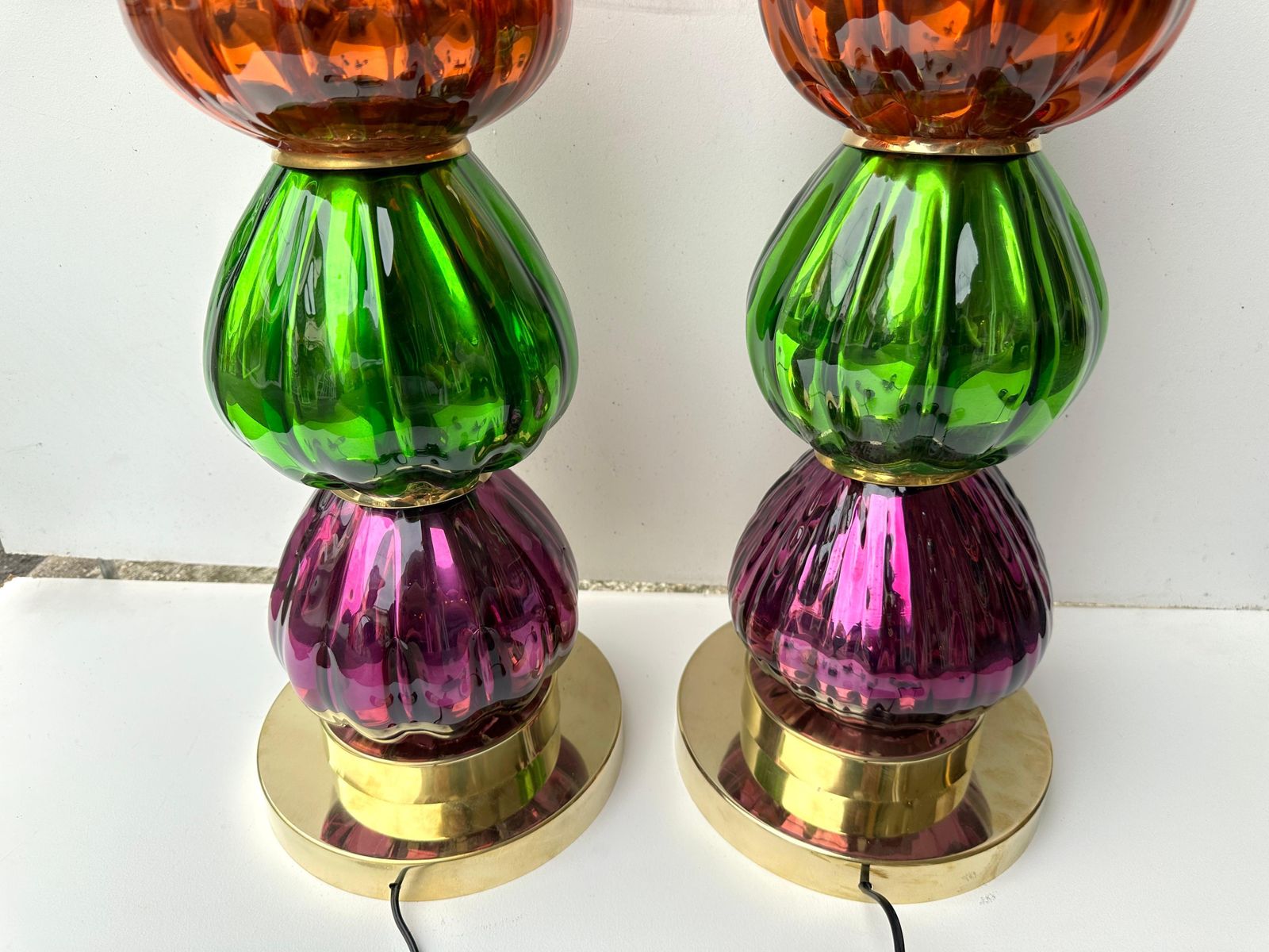 photo for sale Contemporary Pair Of Brass And Colored Mirrored Murano Glass Lamps, Italy