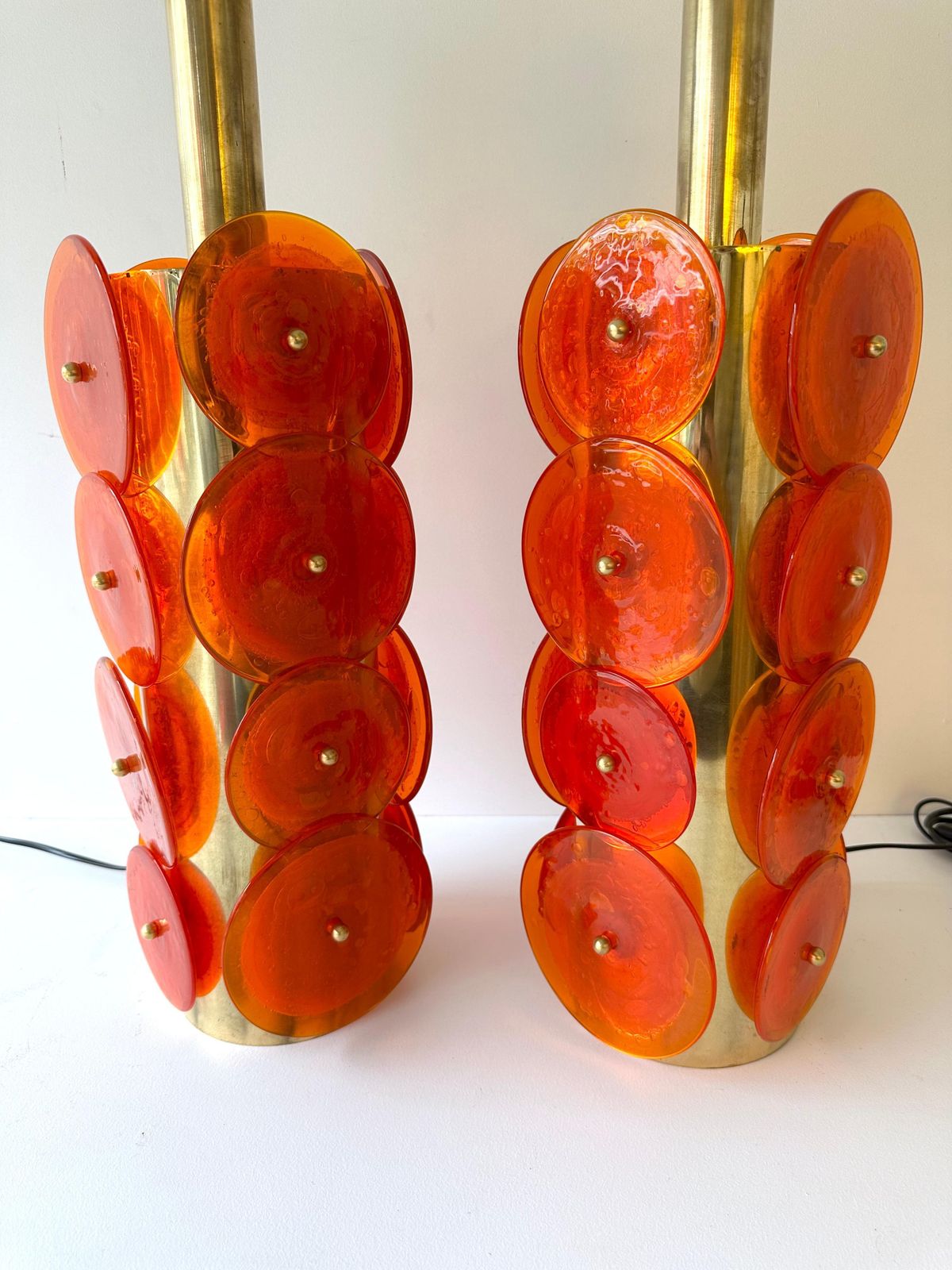 photo furniture Contemporary Pair Of Brass Murano Glass Orange Disc Lamps, Italy