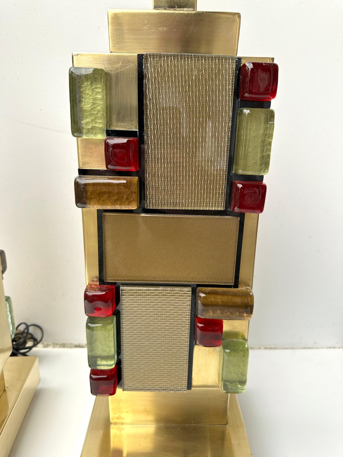 Contemporary Pair Of Brass Textured And Cabochon Murano Glass Lamps, Italy photo Lighting