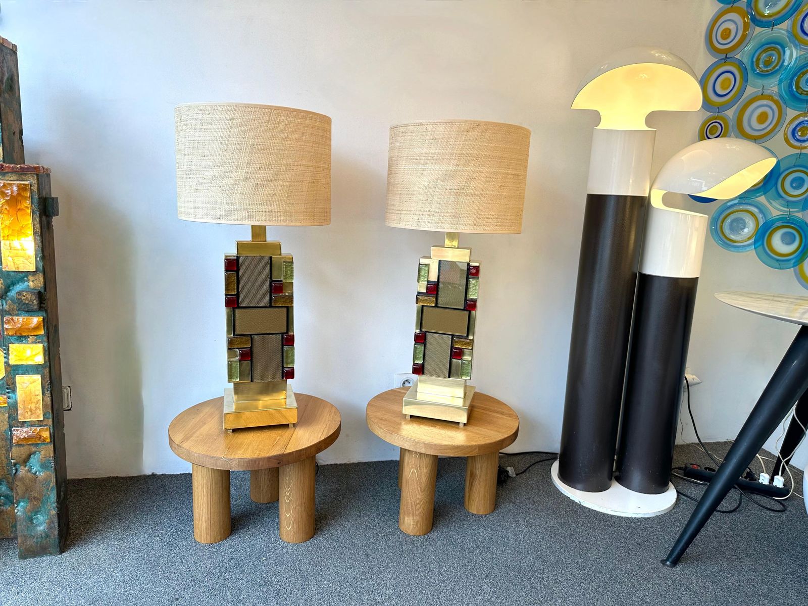 Contemporary Pair Of Brass Textured And Cabochon Murano Glass Lamps, Italy photo vinterior