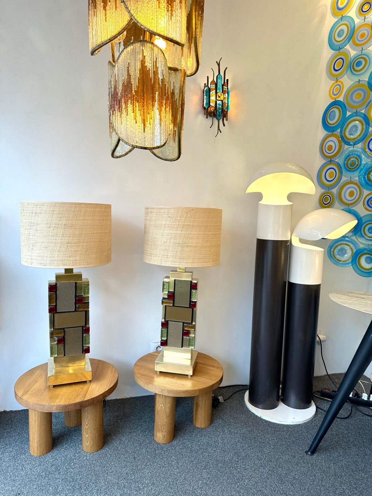 Contemporary Pair Of Brass Textured And Cabochon Murano Glass Lamps, Italy photo buy