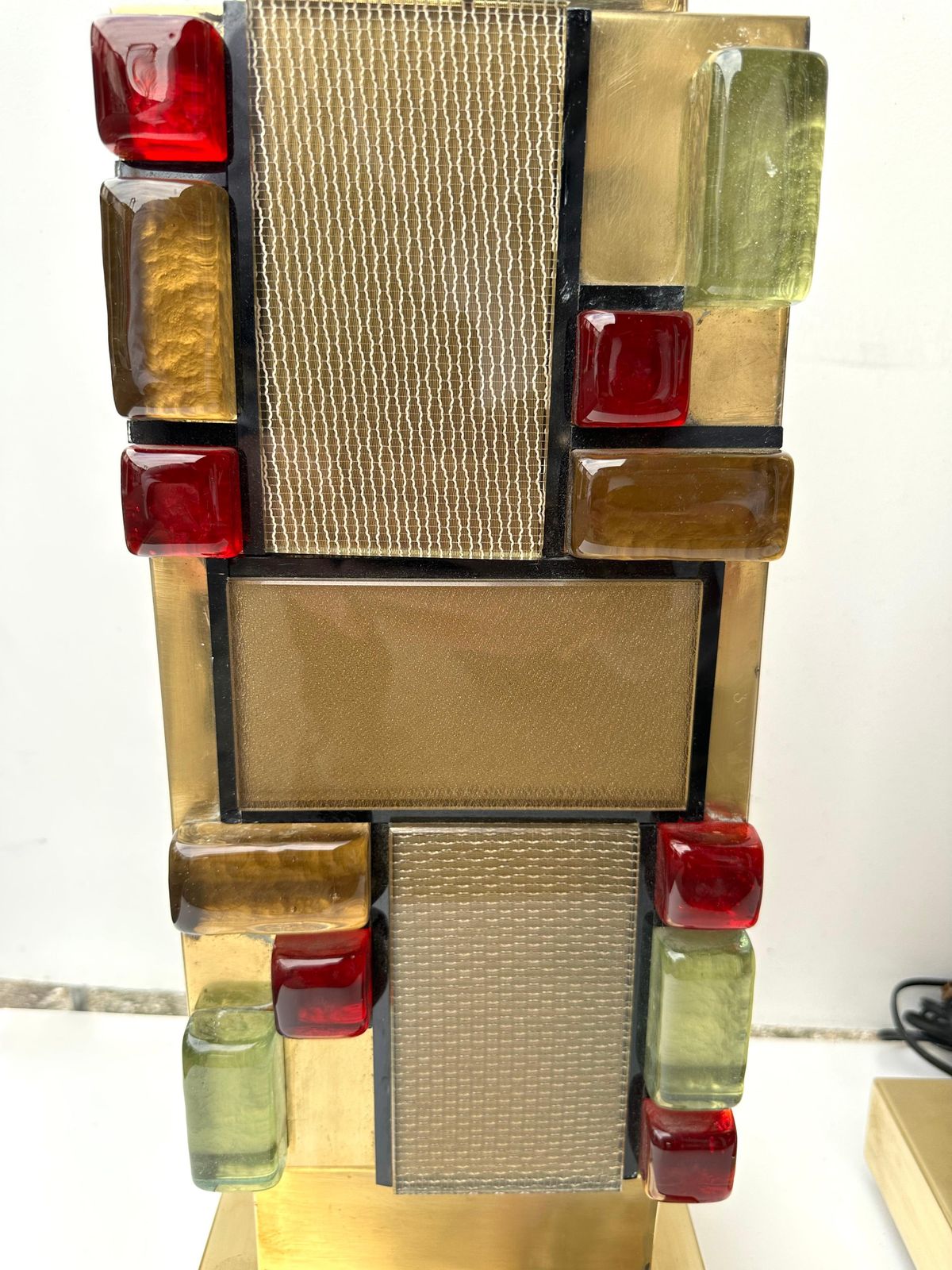 photo furniture Contemporary Pair Of Brass Textured And Cabochon Murano Glass Lamps, Italy