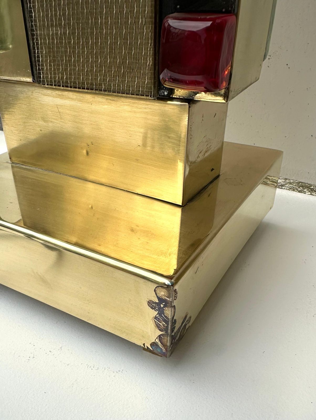 photo for sale Contemporary Pair Of Brass Textured And Cabochon Murano Glass Lamps, Italy