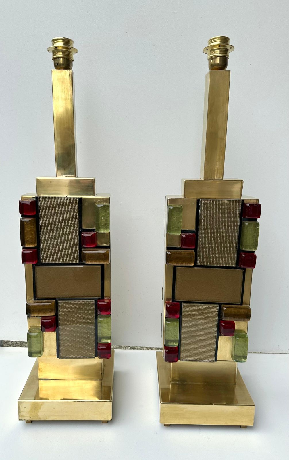 Lighting Contemporary Pair Of Brass Textured And Cabochon Murano Glass Lamps, Italy photo