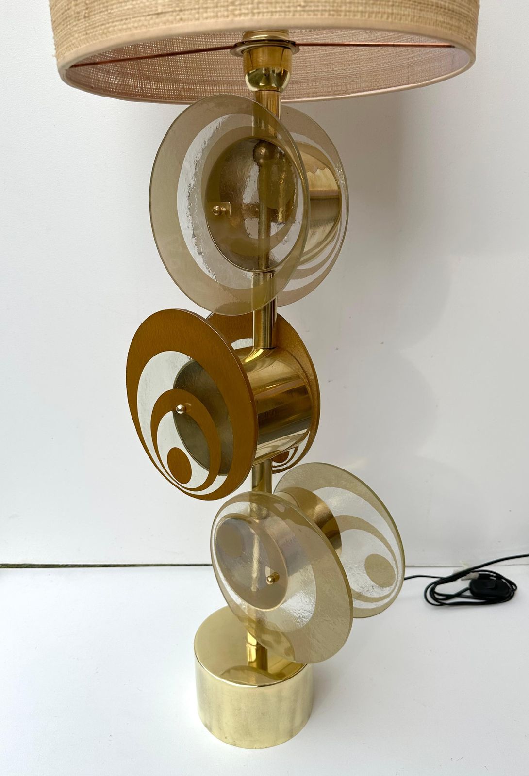 photo furniture Contemporary Pair Of Brass And Murano Glass Spiral Disc Lamps, Italy