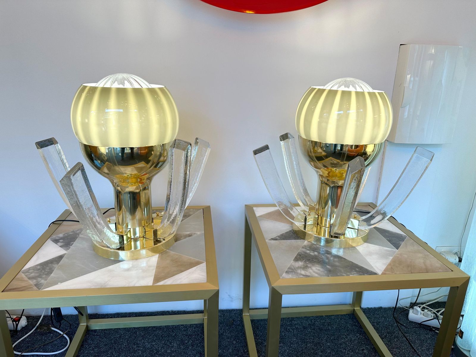 Contemporary Pair Of Brass And Gray Murano Glass Flower Lamps, Italy photo furniture
