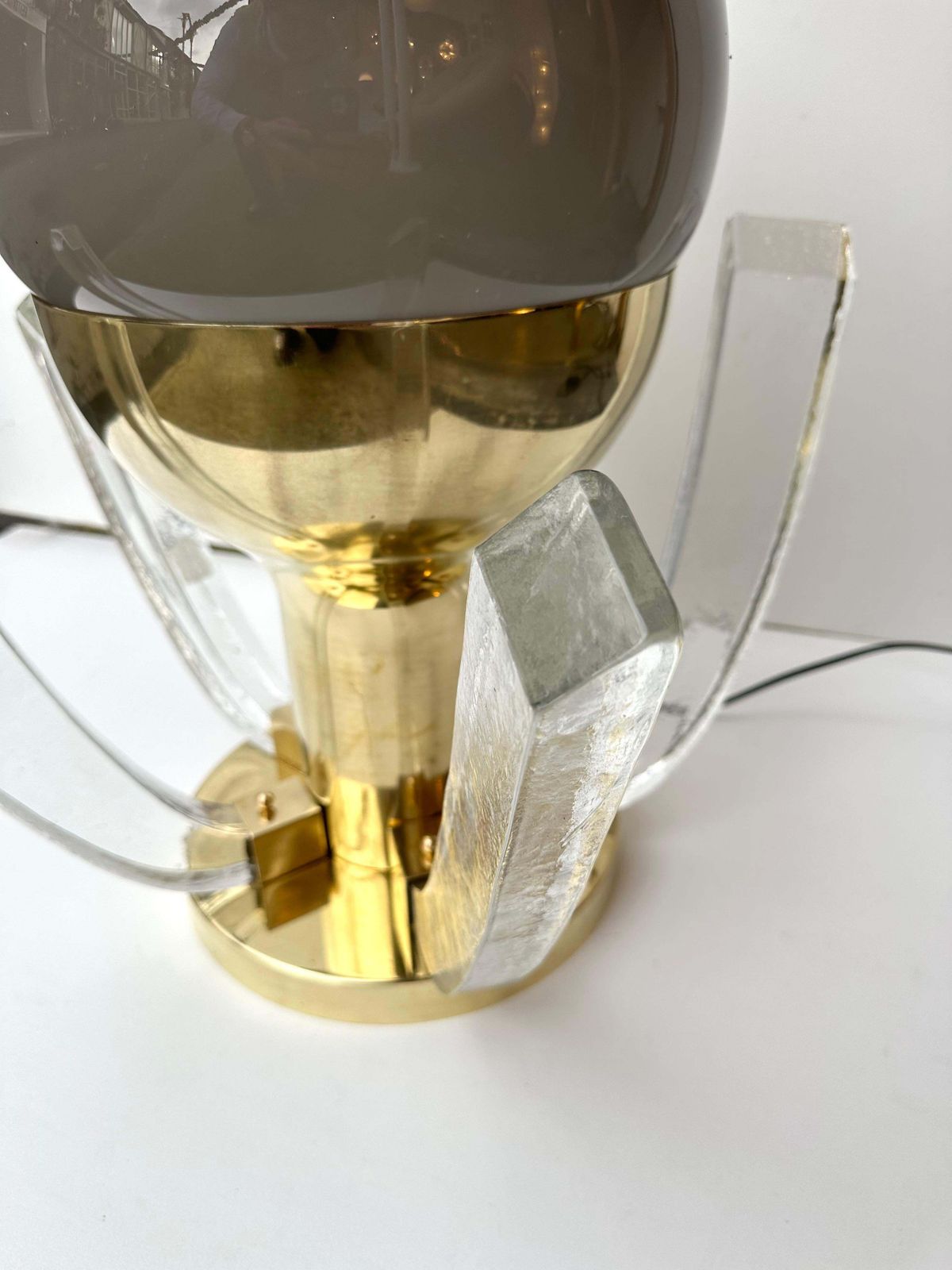 Contemporary Pair Of Brass And Gray Murano Glass Flower Lamps, Italy photo vinterior