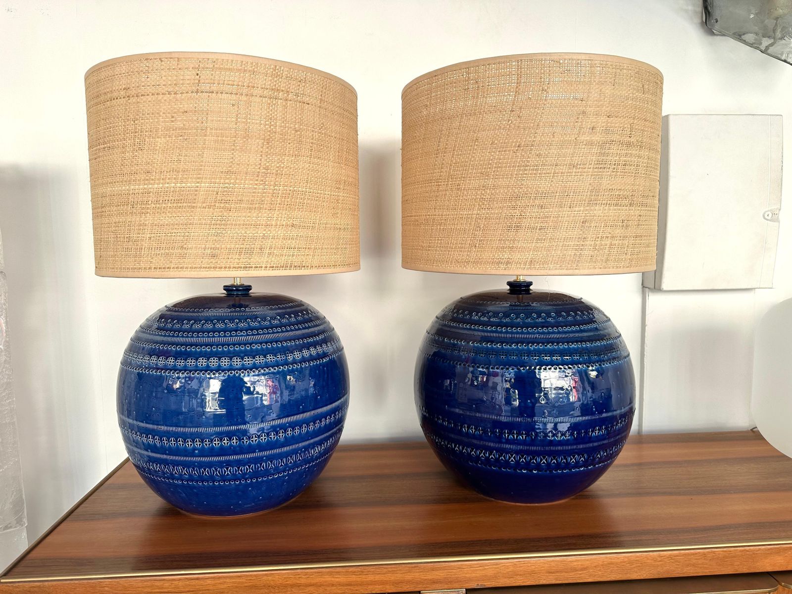 photo for sale Mid Century Pair Of Ceramic Lamps Blue Rimini By Bitossi. Italy, 1990s