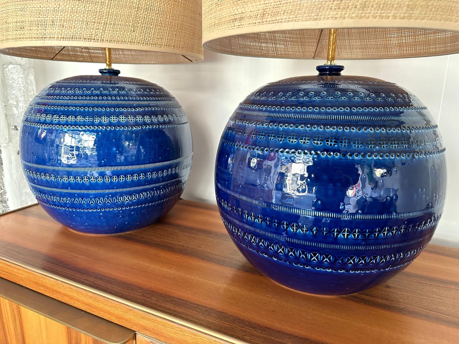 Lighting Mid Century Pair Of Ceramic Lamps Blue Rimini By Bitossi. Italy, 1990s photo