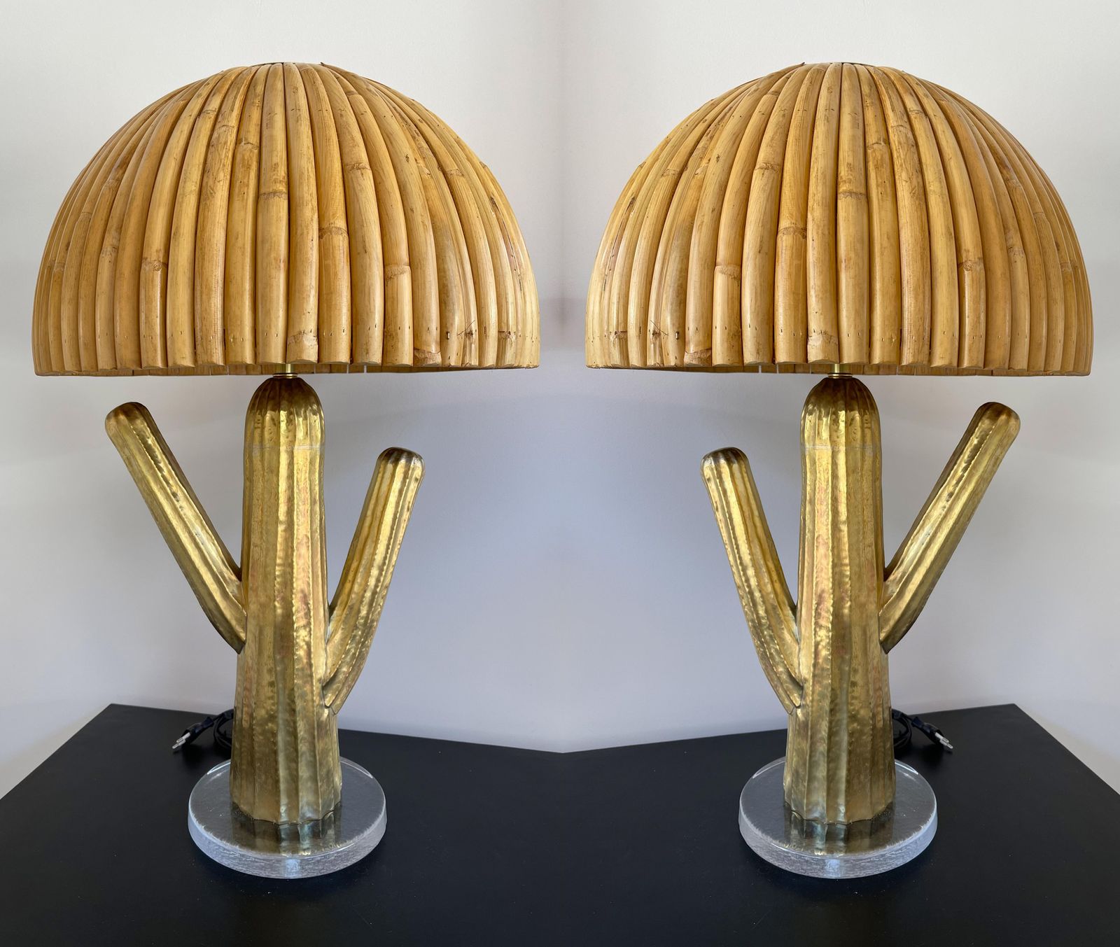4276.0 Pair Of Rattan And Brass Cactus Lamps, Italy photo
