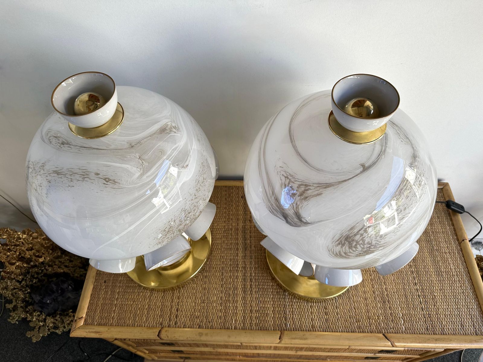 Contemporary Pair Of Brass Murano Glass And Ceramic Mushroom Lamps, Italy photo 4447.0