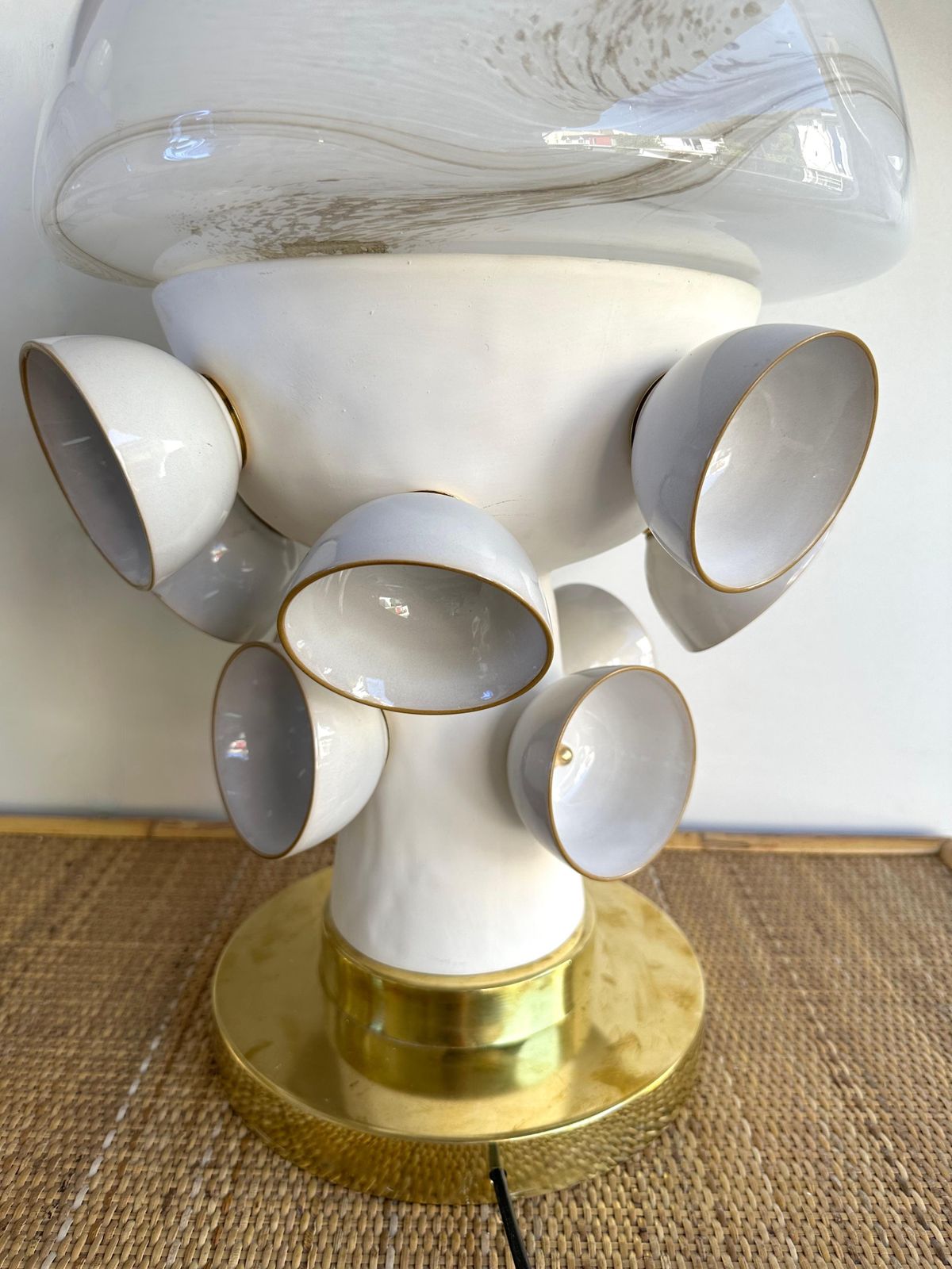 photo for sale Contemporary Pair Of Brass Murano Glass And Ceramic Mushroom Lamps, Italy