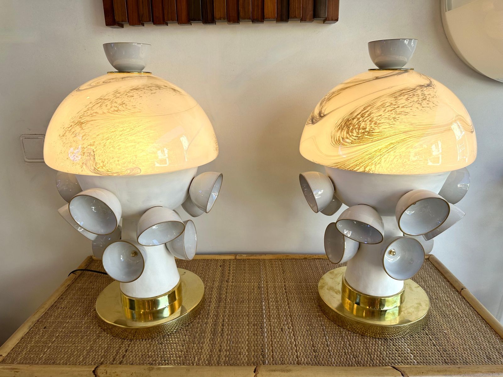 Lighting Contemporary Pair Of Brass Murano Glass And Ceramic Mushroom Lamps, Italy photo