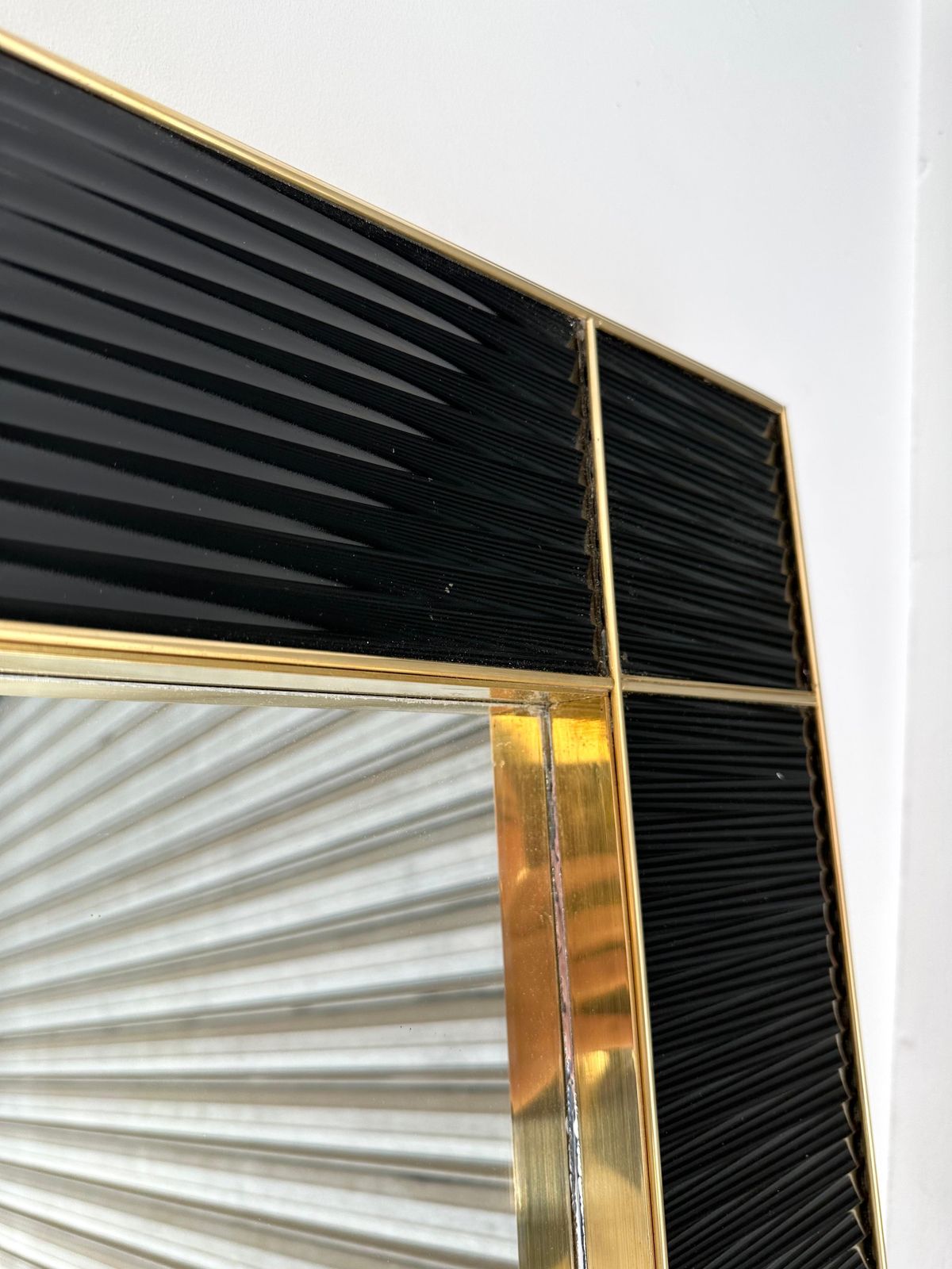 Large Contemporary Brass And Black Fluted Murano Glass  Mirror, Italy photo buy