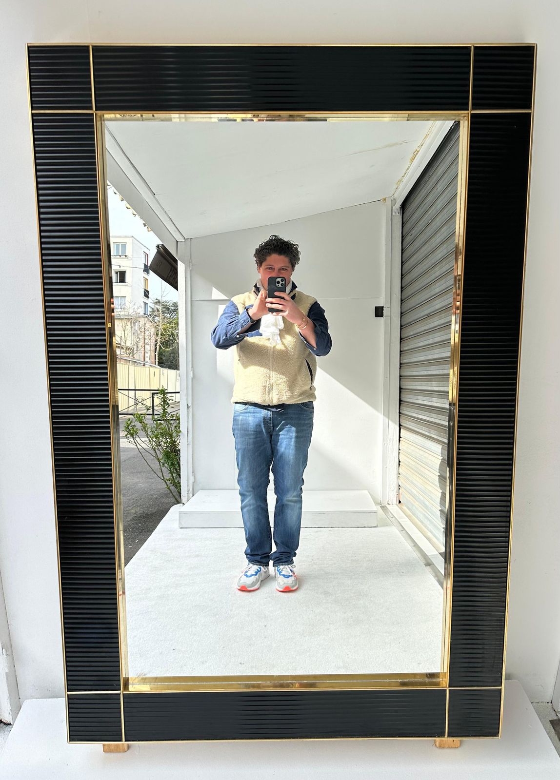 Large Contemporary Brass And Black Fluted Murano Glass  Mirror, Italy photo vintage