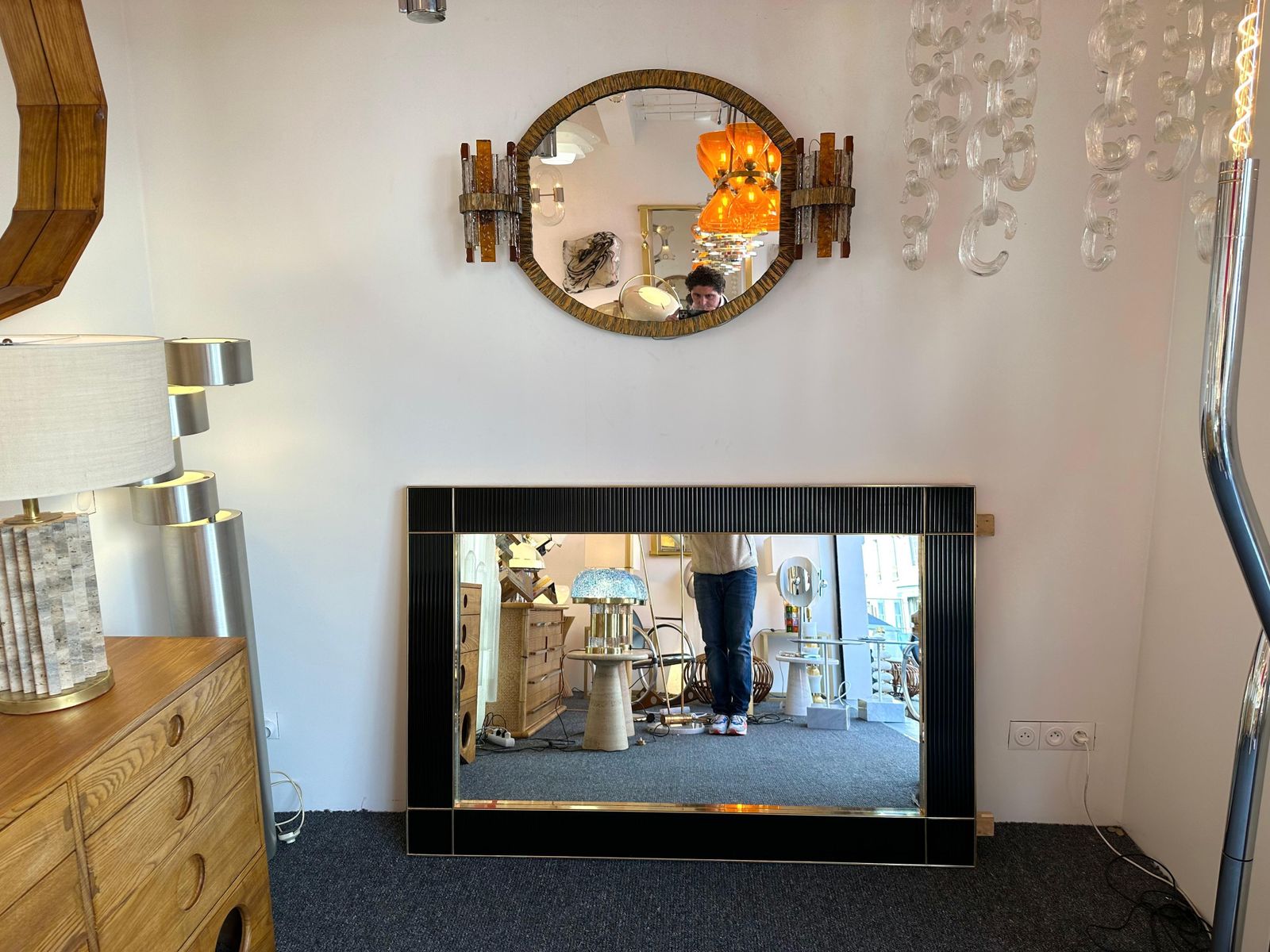 6842.0 Large Contemporary Brass And Black Fluted Murano Glass  Mirror, Italy photo