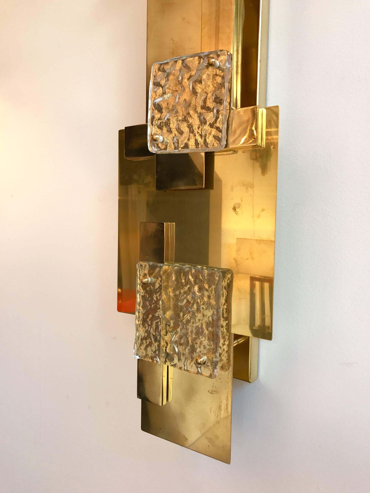 Large Contemporary Pair Of Brass Sconces Geometrical Murano Glass, Italy photo furniture