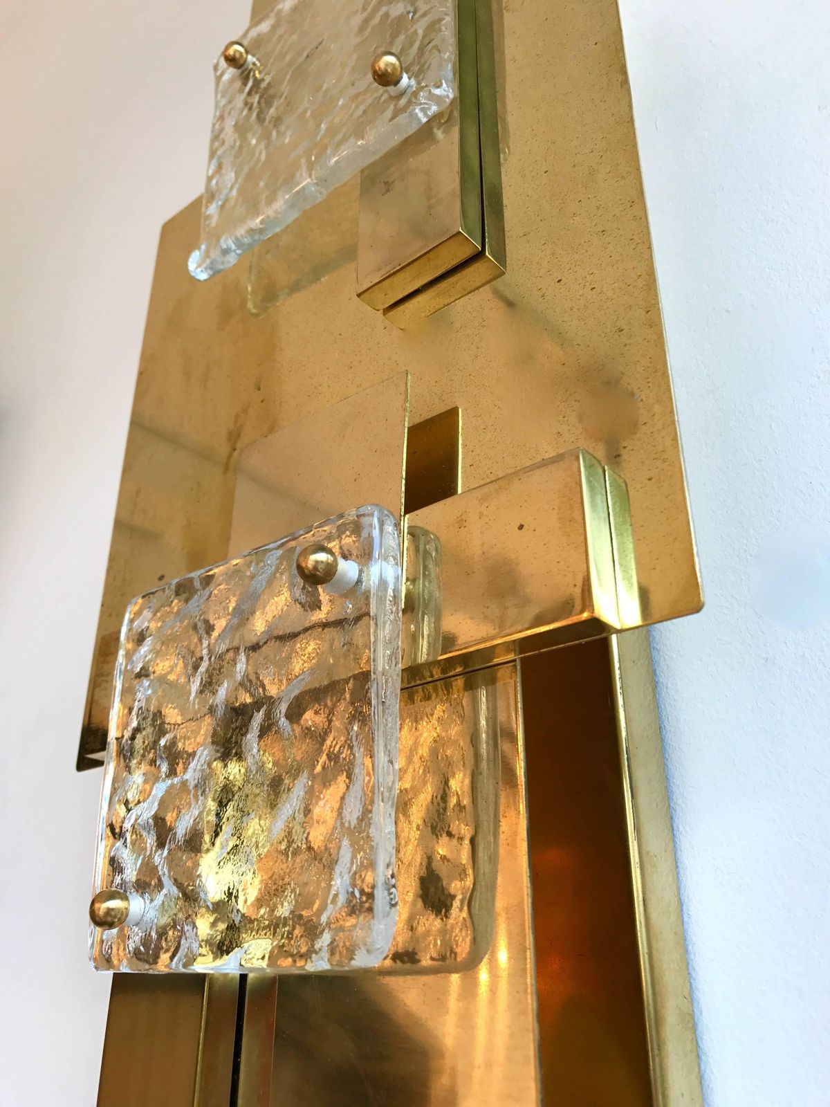 Large Contemporary Pair Of Brass Sconces Geometrical Murano Glass, Italy photo vinterior
