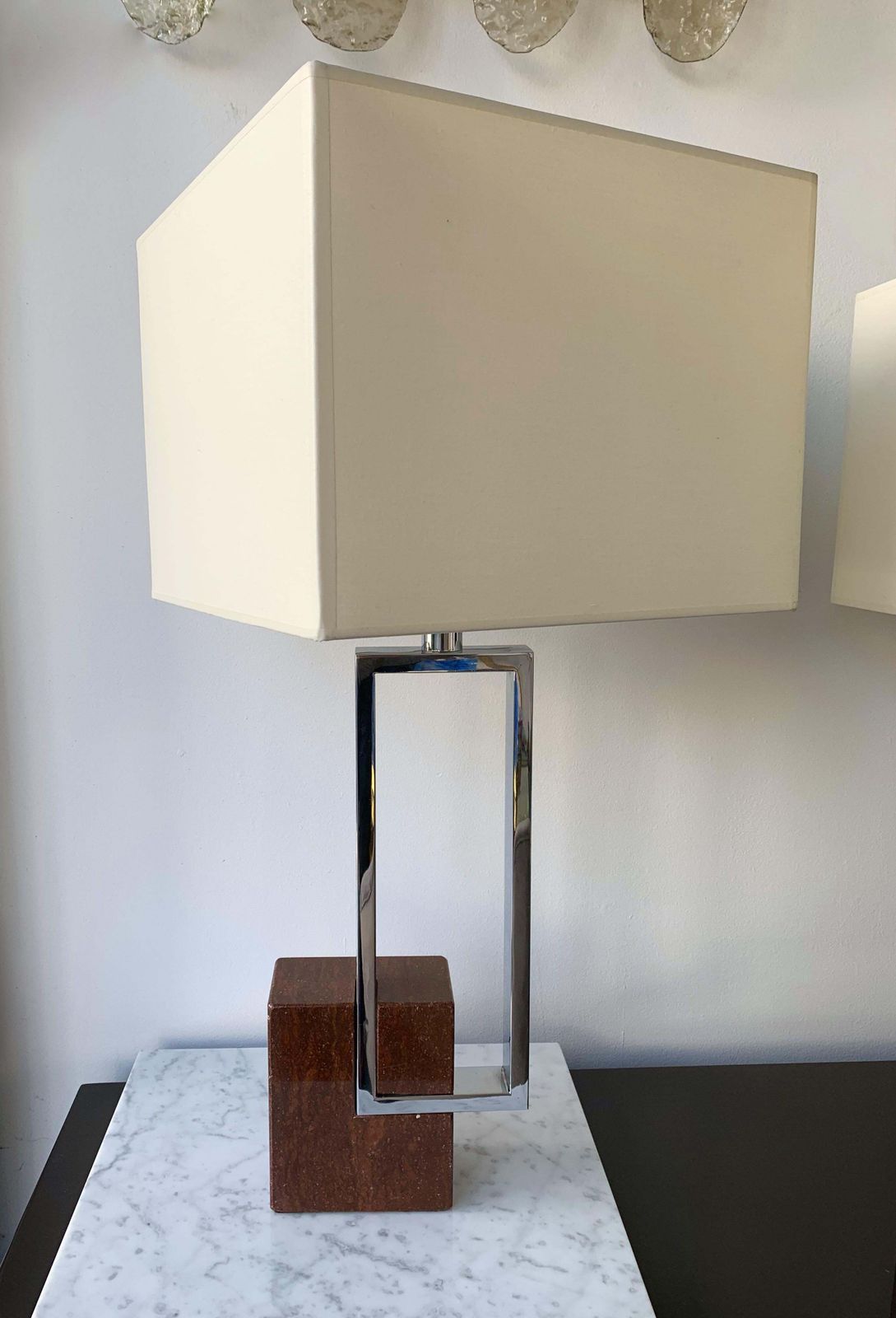 Pair Of Lamps Chrome Metal Red Marble By Banci, Italy, 1970s photo for sale
