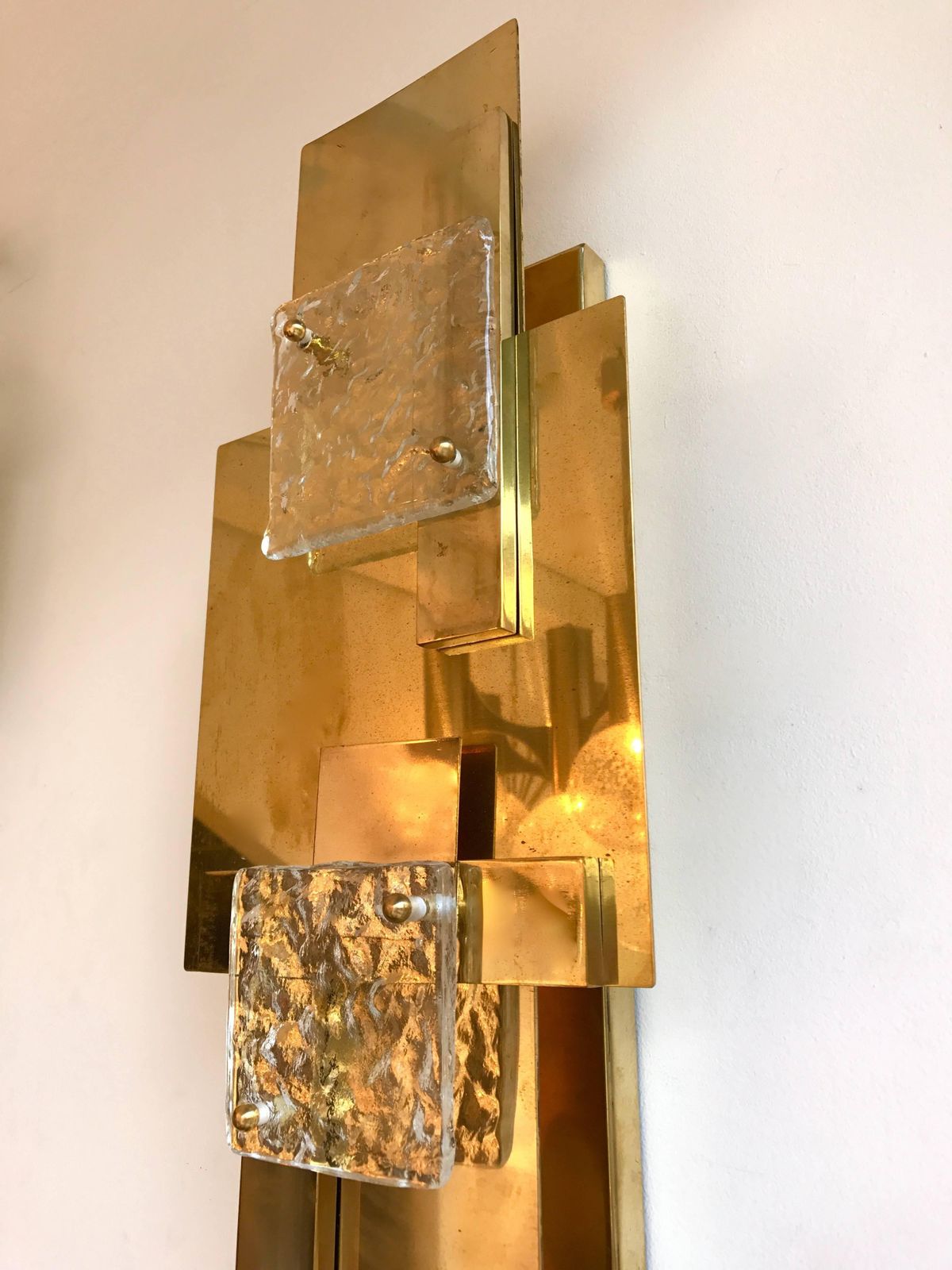 Large Contemporary Pair Of Brass Sconces Geometrical Murano Glass, Italy photo buy