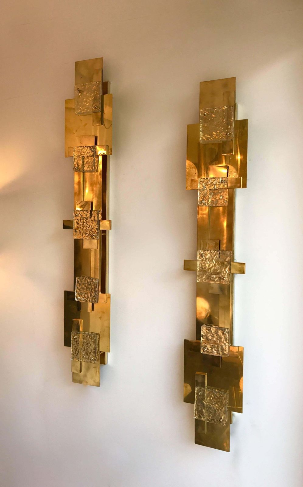 photo furniture Large Contemporary Pair Of Brass Sconces Geometrical Murano Glass, Italy
