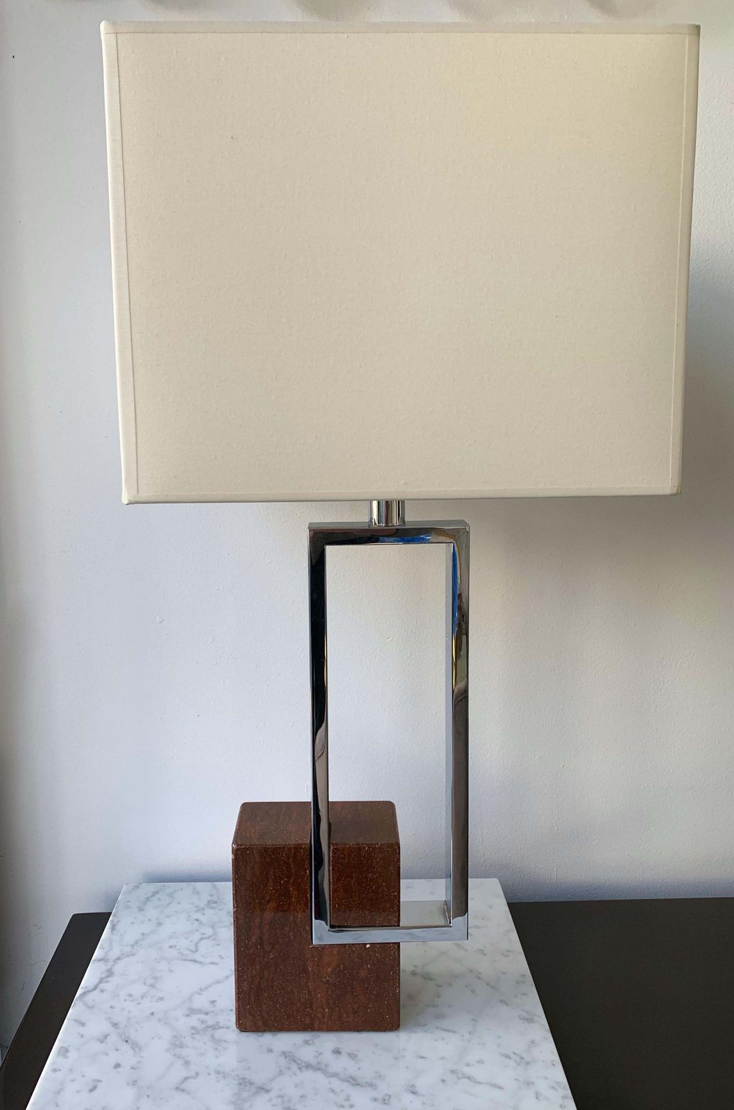 Pair Of Lamps Chrome Metal Red Marble By Banci, Italy, 1970s photo vintage