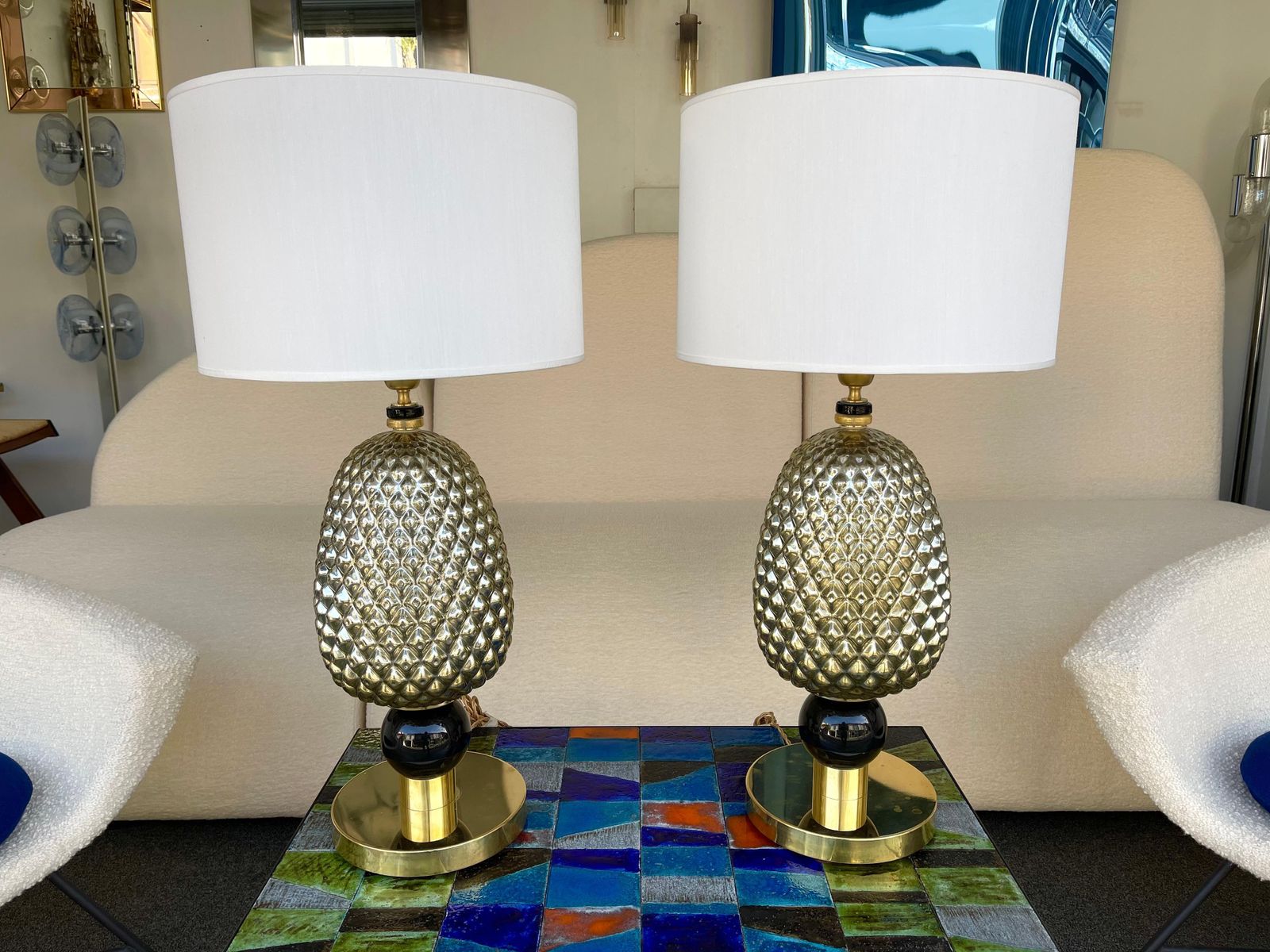 Contemporary Pair Of Silver Gold Pineapple Murano Glass And Brass Lamps, Italy photo furniture