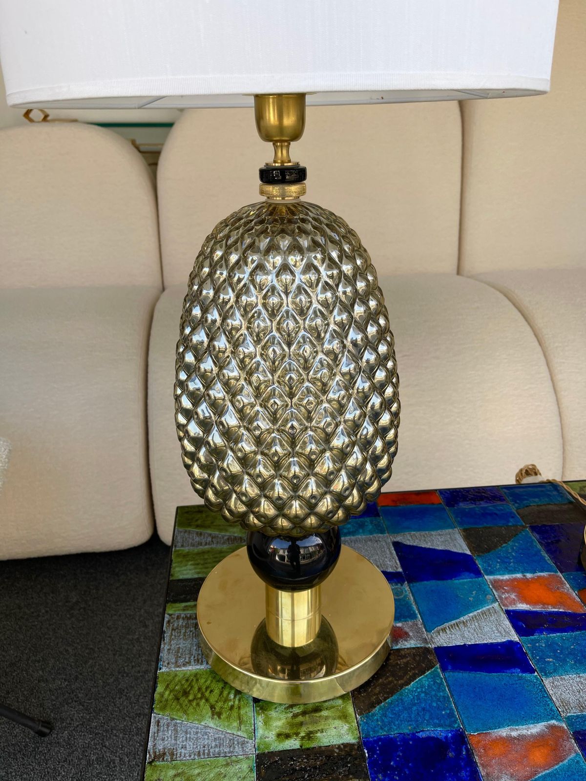 Contemporary Pair Of Silver Gold Pineapple Murano Glass And Brass Lamps, Italy photo vintage