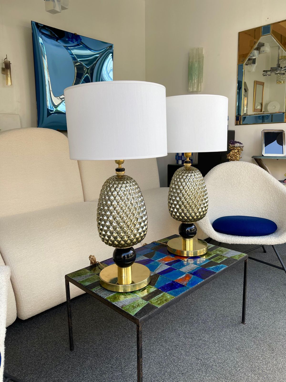 photo for sale Contemporary Pair Of Silver Gold Pineapple Murano Glass And Brass Lamps, Italy