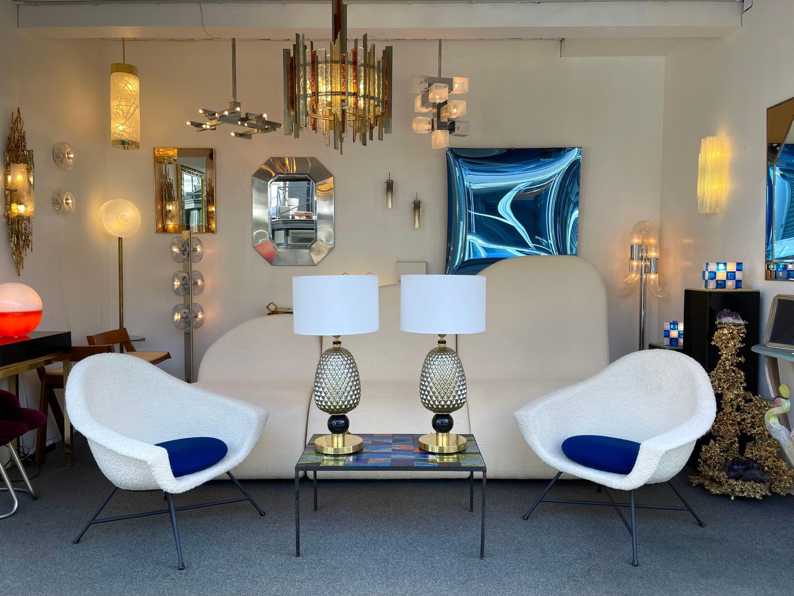 photo vinterior Contemporary Pair Of Silver Gold Pineapple Murano Glass And Brass Lamps, Italy