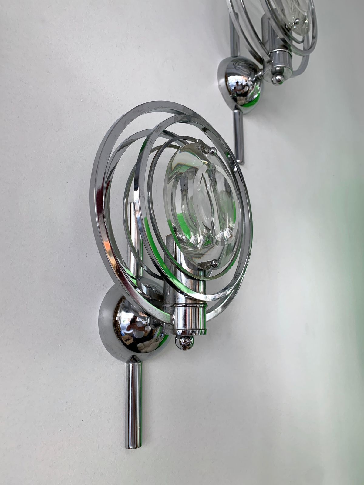 Pair Of Optical Metal Chrome Sconces By Oscar Torlasco, Italy, 1970s photo Lighting