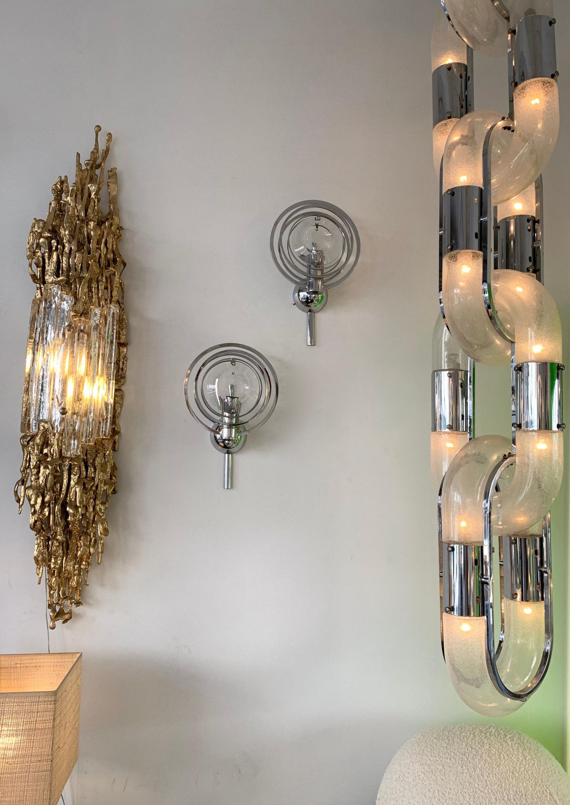 Pair Of Optical Metal Chrome Sconces By Oscar Torlasco, Italy, 1970s photo vintage