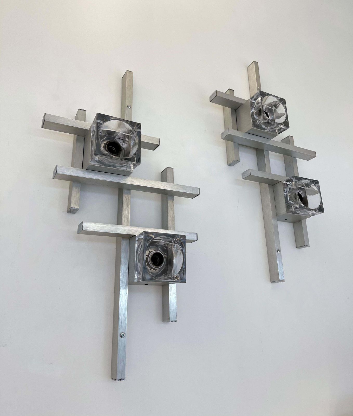 photo furniture Pair Of Cubic Sconces Metal Murano Glass By Sciolari, Italy, 1970s