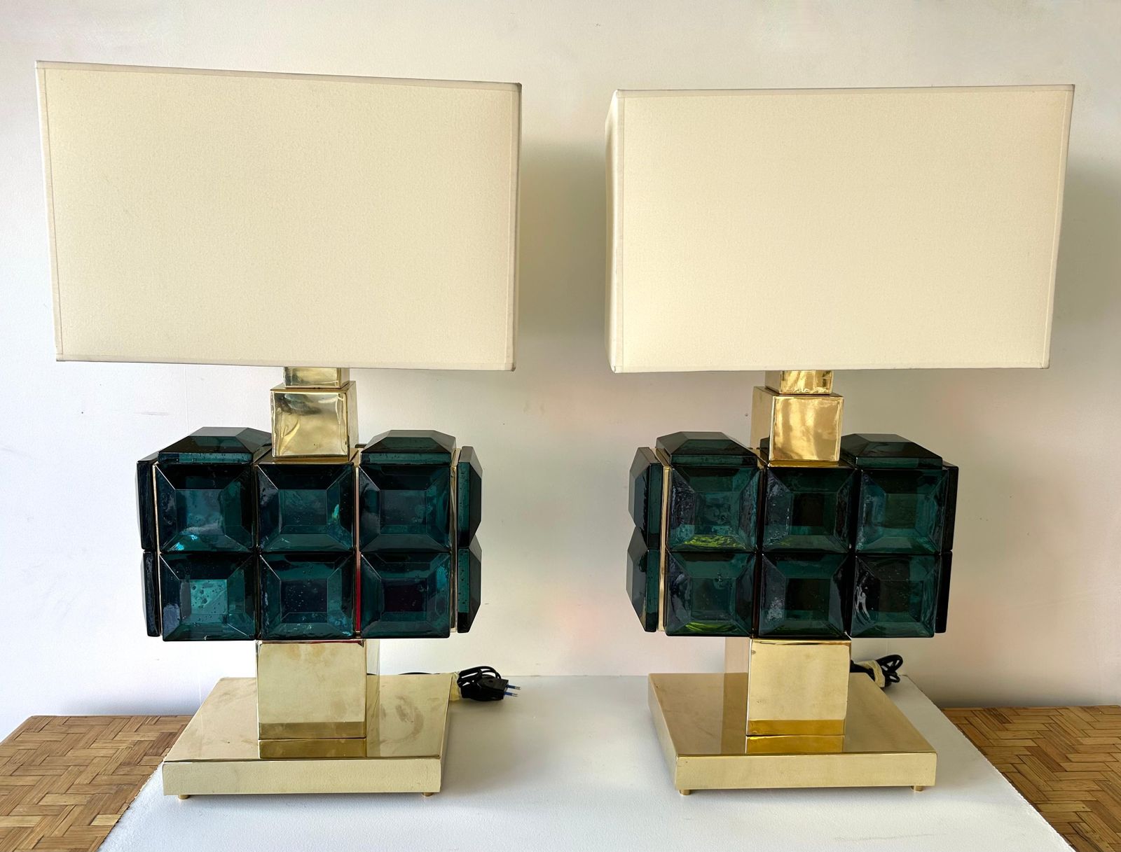 Contemporary Pair Of Brass And Diamonds Murano Glass Lamps, Italy photo buy