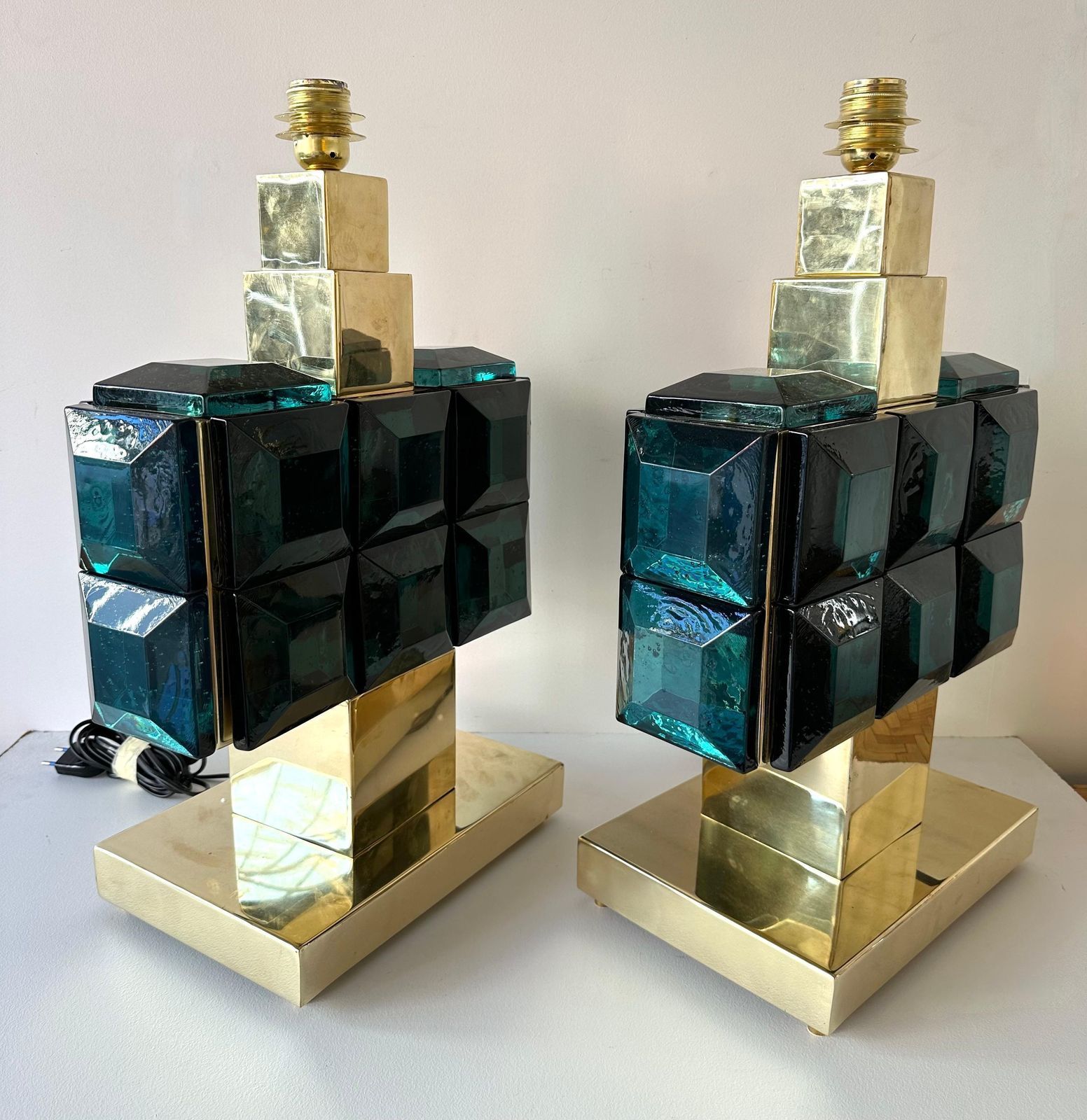 Contemporary Pair Of Brass And Diamonds Murano Glass Lamps, Italy photo vintage