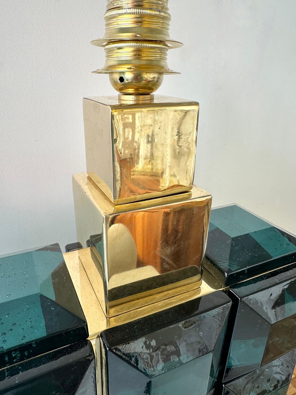 photo furniture Contemporary Pair Of Brass And Diamonds Murano Glass Lamps, Italy