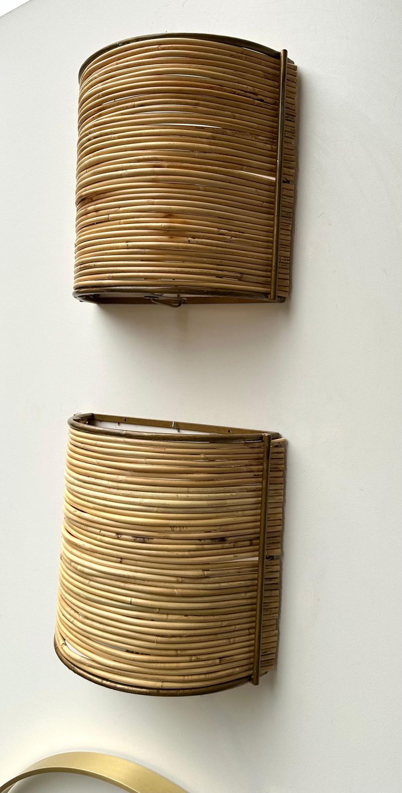 photo for sale Pair Of Rattan And Gilt Metal Sconces. Italy, 2000s