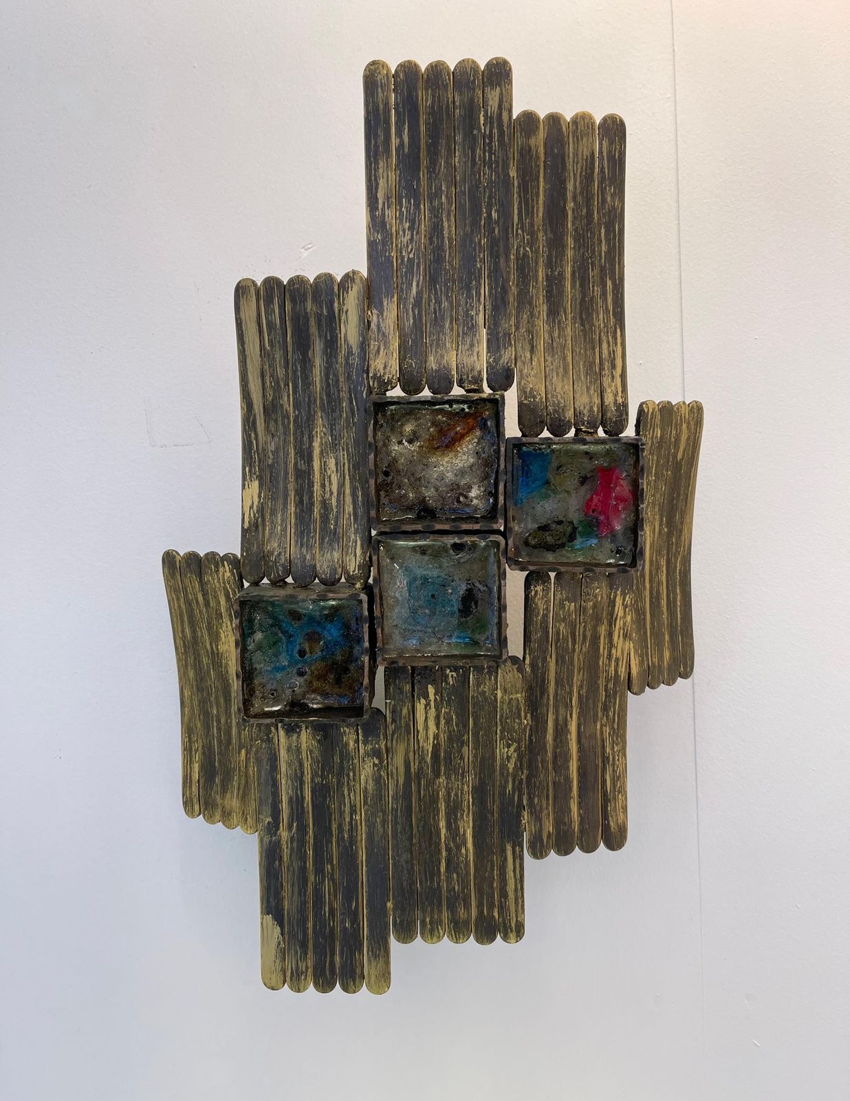photo for sale Pair Of Brutalist Gilt Metal And Glass Sconces. Italy, 1970s