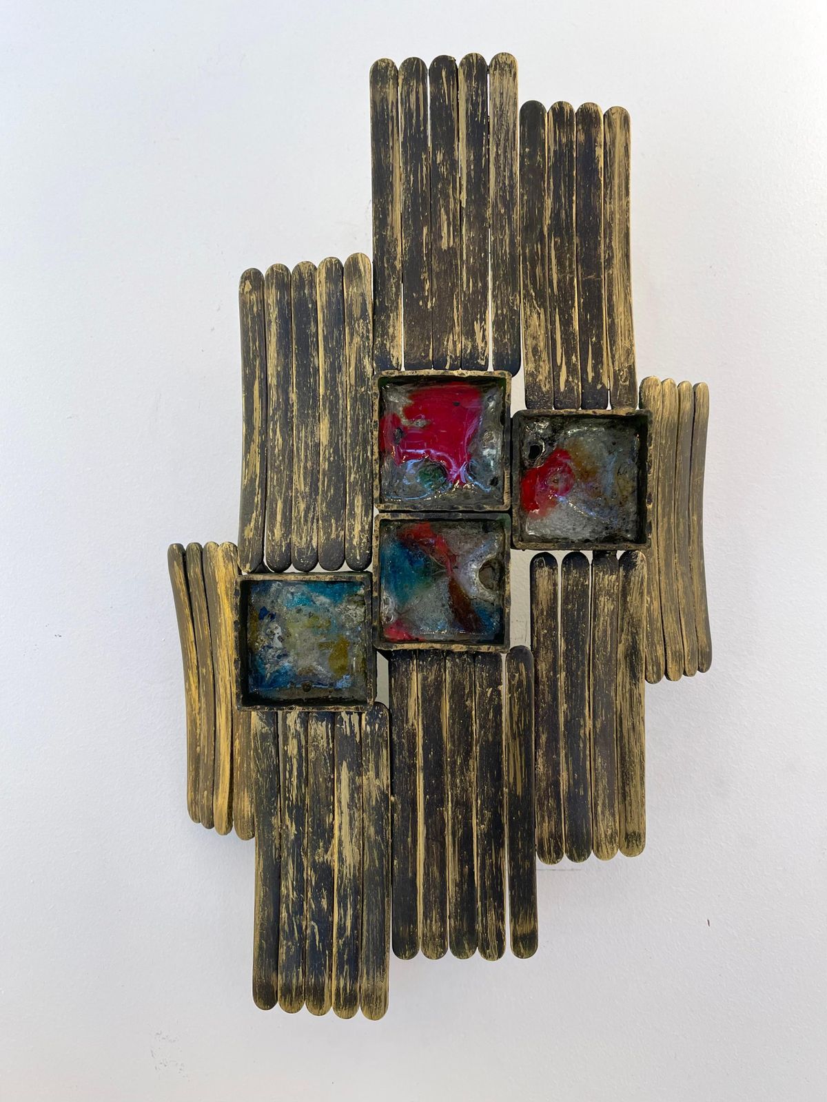 3250.0 Pair Of Brutalist Gilt Metal And Glass Sconces. Italy, 1970s photo