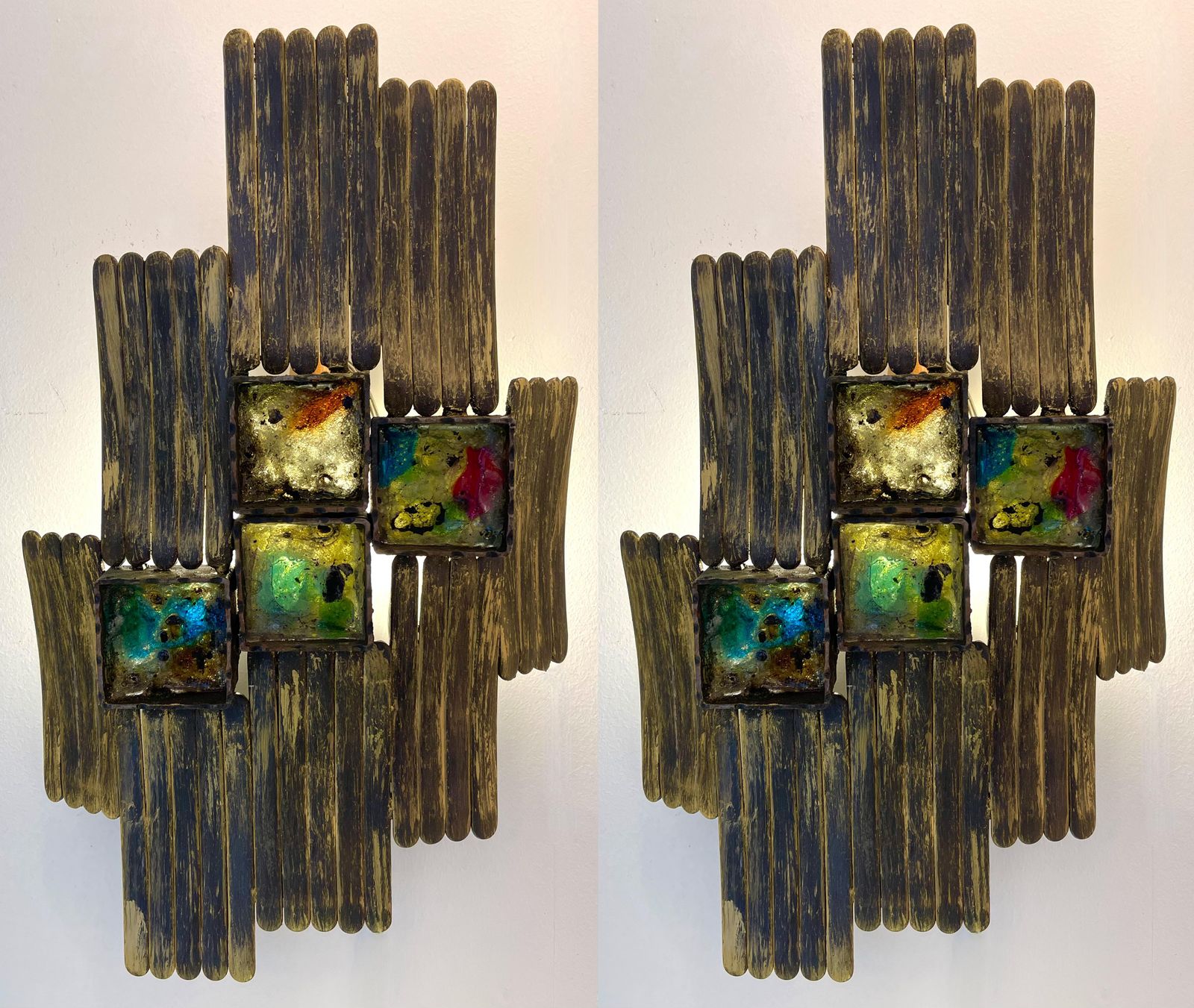 photo buy Pair Of Brutalist Gilt Metal And Glass Sconces. Italy, 1970s