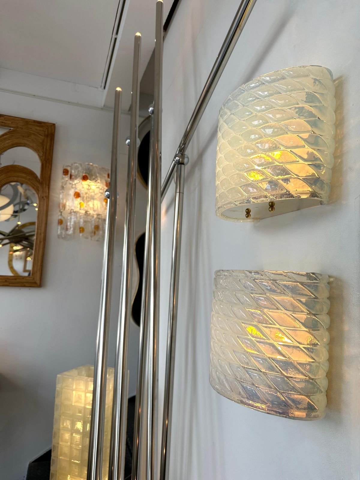 Contemporary Pair Of Brass And Blue Opal Murano Glass Sconces, Italy photo furniture