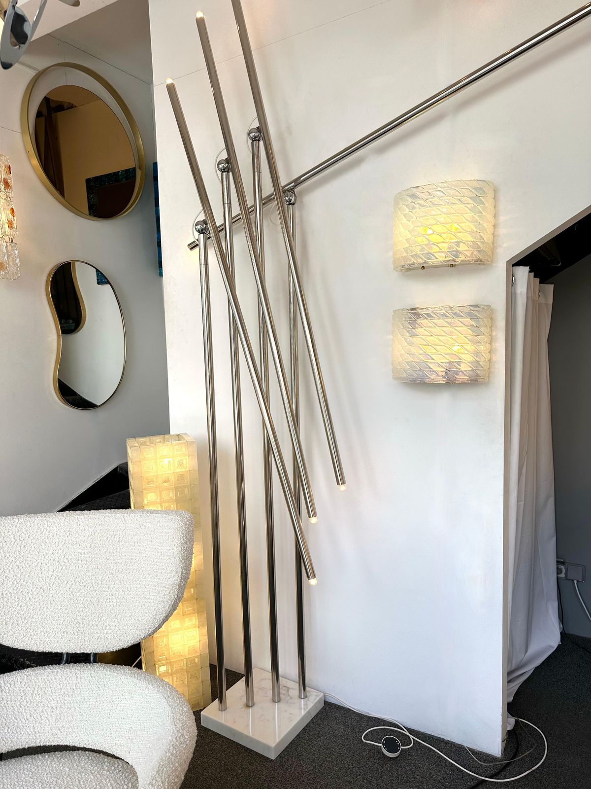 Contemporary Pair Of Brass And Blue Opal Murano Glass Sconces, Italy photo for sale